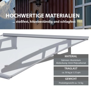 TRUTZHOLM Türvordach 115x100cm, Aluminium, transparent. Wetterschutz für Haustür, schützt vor Regen und Schnee.