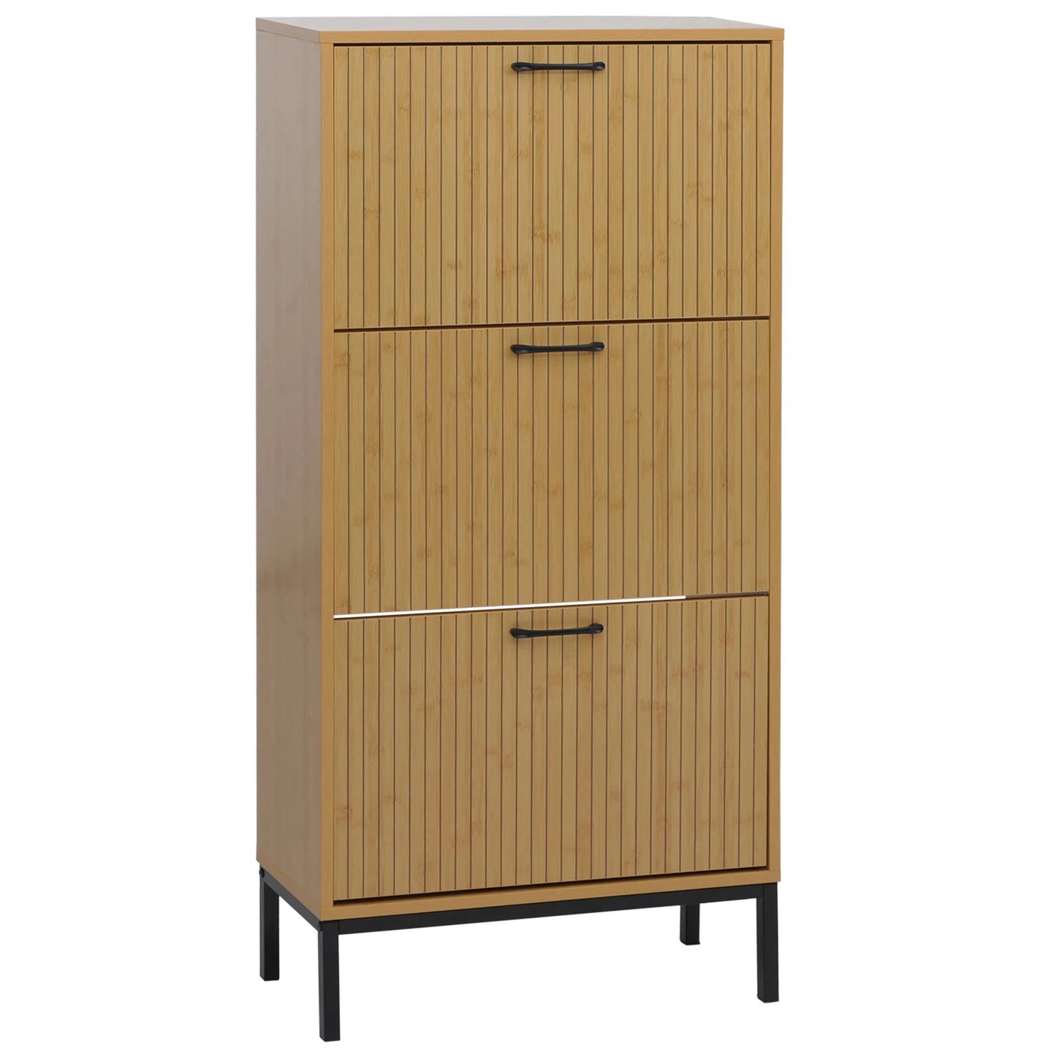 MCW Schuhkipper P48 3 Kippfächer Ablage MDF Melamin 125x60x25cm Bambus-Optik