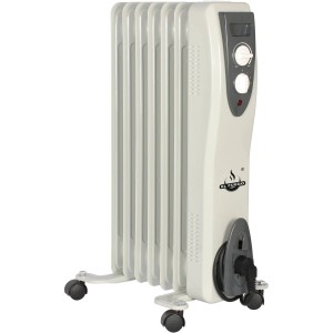 Weißer El Fuego Ölradiator mit 7 Rippen, mobil dank Rollen, für elektrische Heizung.