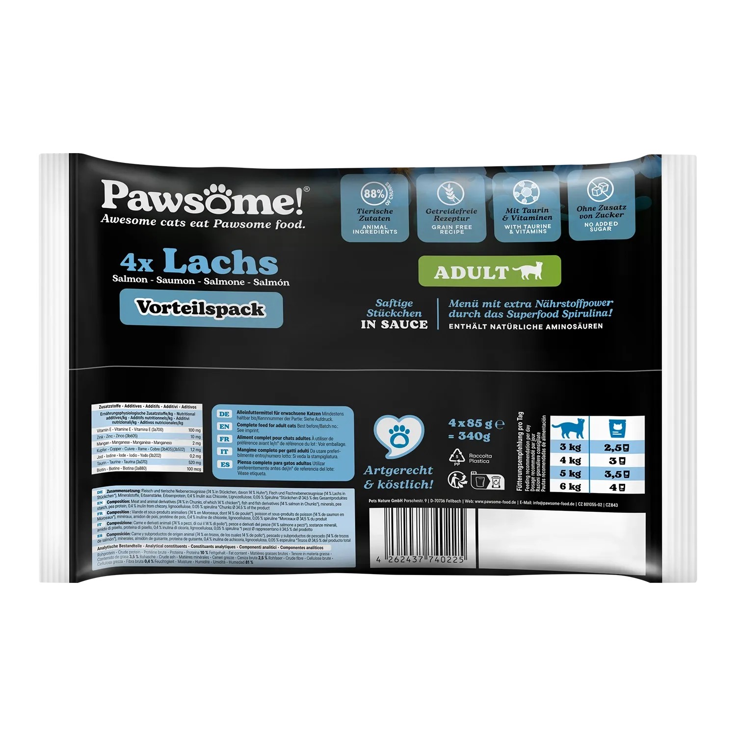 Pawsome Katzen-Nassfutter Adult Lachs, 4er Pack. Artgerechtes Futter mit Lachs in Sauce für ausgewachsene Katzen.