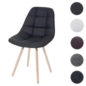 Schwarzer MCW Esszimmerstuhl A60 II aus Kunstleder mit gesteppter Rückenlehne und hellen Holzbeinen im Retro-Design.