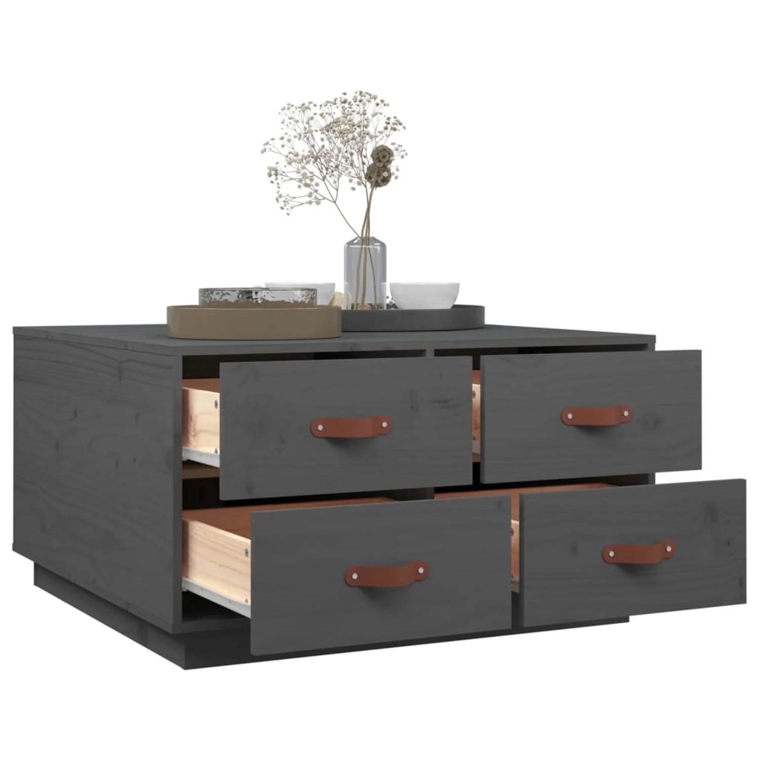 Grauer Couchtisch aus Kiefernholz (80x80 cm) mit vier Schubladen und Ledergriffen.