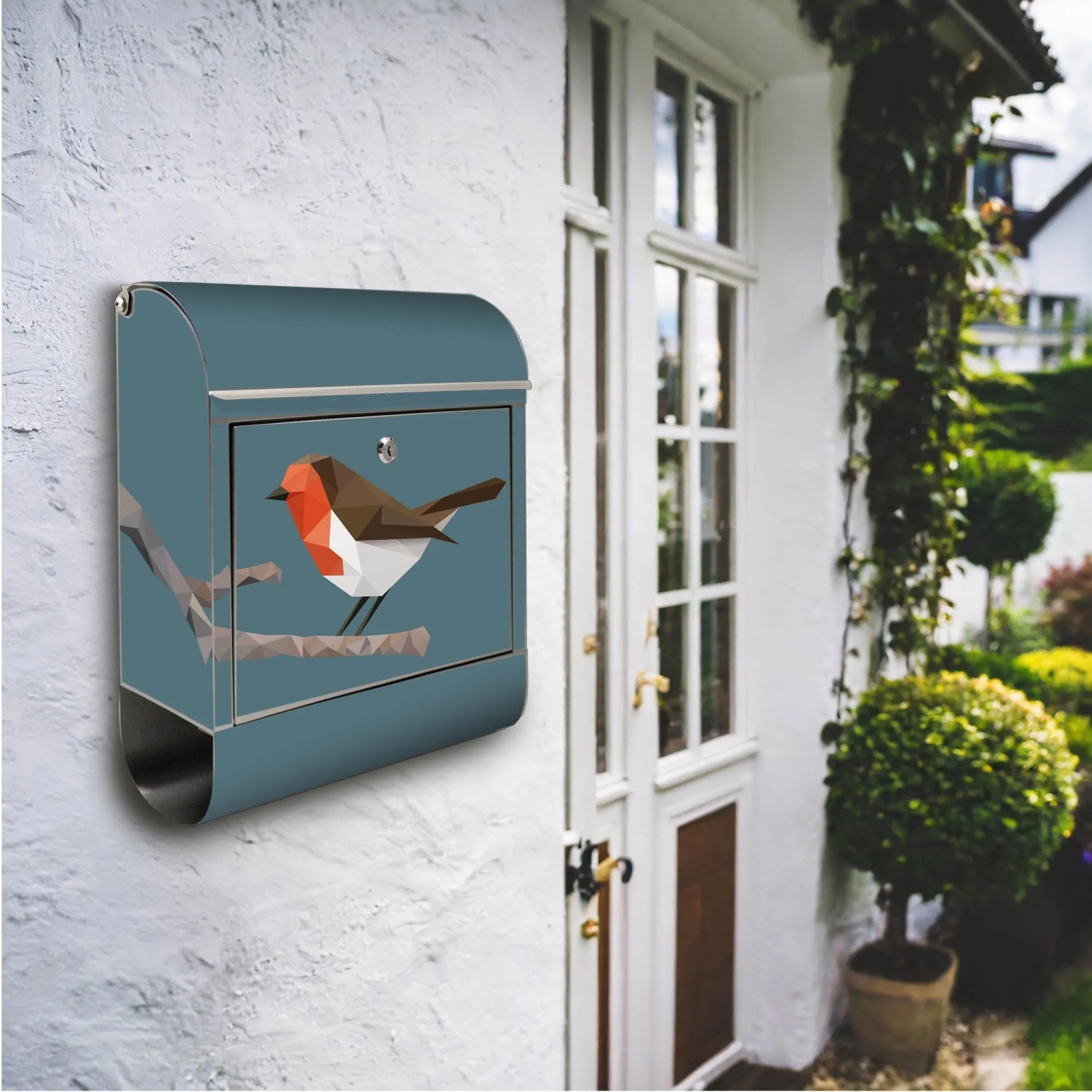 Edelstahl Briefkasten mit Zeitungsfach und Vogel Motiv von Banjado, blau.