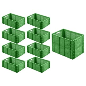 Sparset: 10 grüne Eurobehälter für Obst und Gemüse, 43 Liter, stapelbar, ideal für Transport und Lagerung.