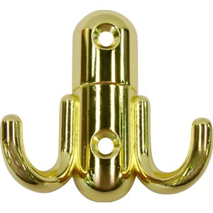 Glänzender Messing Wandhaken aus Metall mit zwei Hakenarmen.