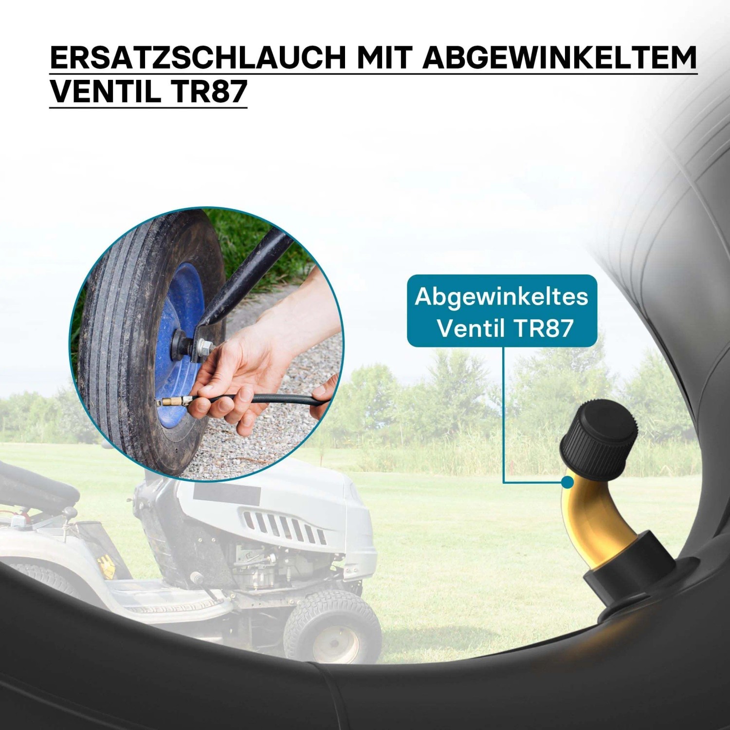 Robuster Ersatz-Luftschlauch für Rasenmäherreifen mit abgewinkeltem TR87 Ventil. Ideal für Rasentraktor.