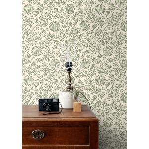 ESTAhome Vliestapete mit grünem Blumenmuster auf heller Wand, Vintage-Stil. Dekorative Tapete.