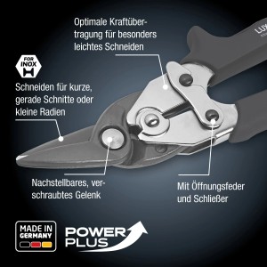 Detailaufnahme der LUX Blechschere links 250 mm Comfort, Zange mit ergonomischem Griff und Schneide.