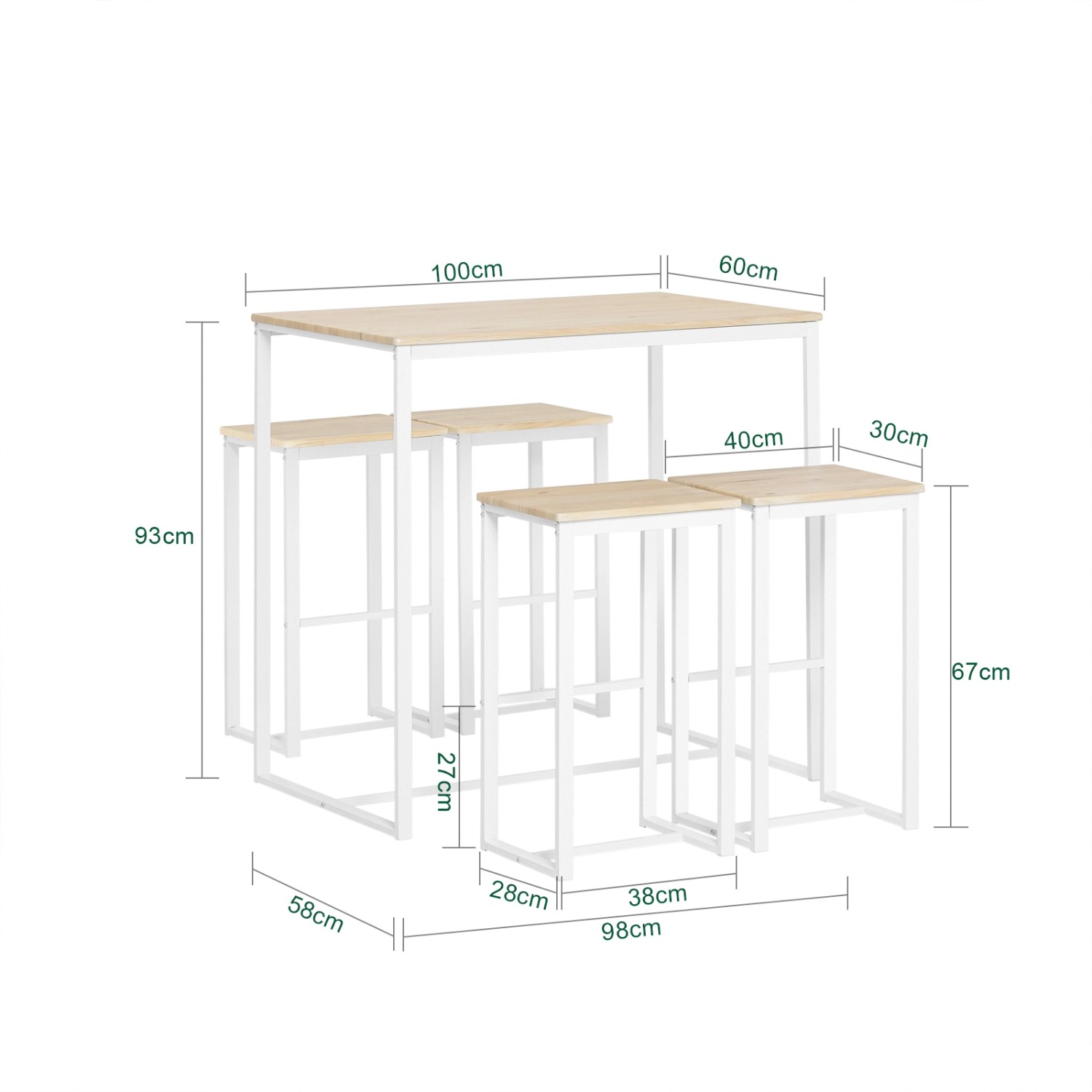 SoBuy Esstisch mit 4 Barhockern, Holz/Metall, natur/weiß. Essgruppe für Küche oder Bar.