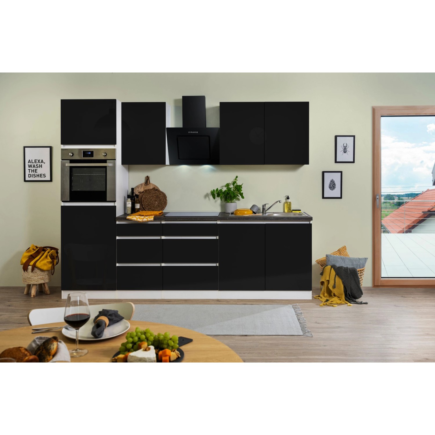 Respekta Küchenzeile/Küchenblock ohne E-Geräte 270 cm Grifflos Schwarz Hochglanz-Weiß