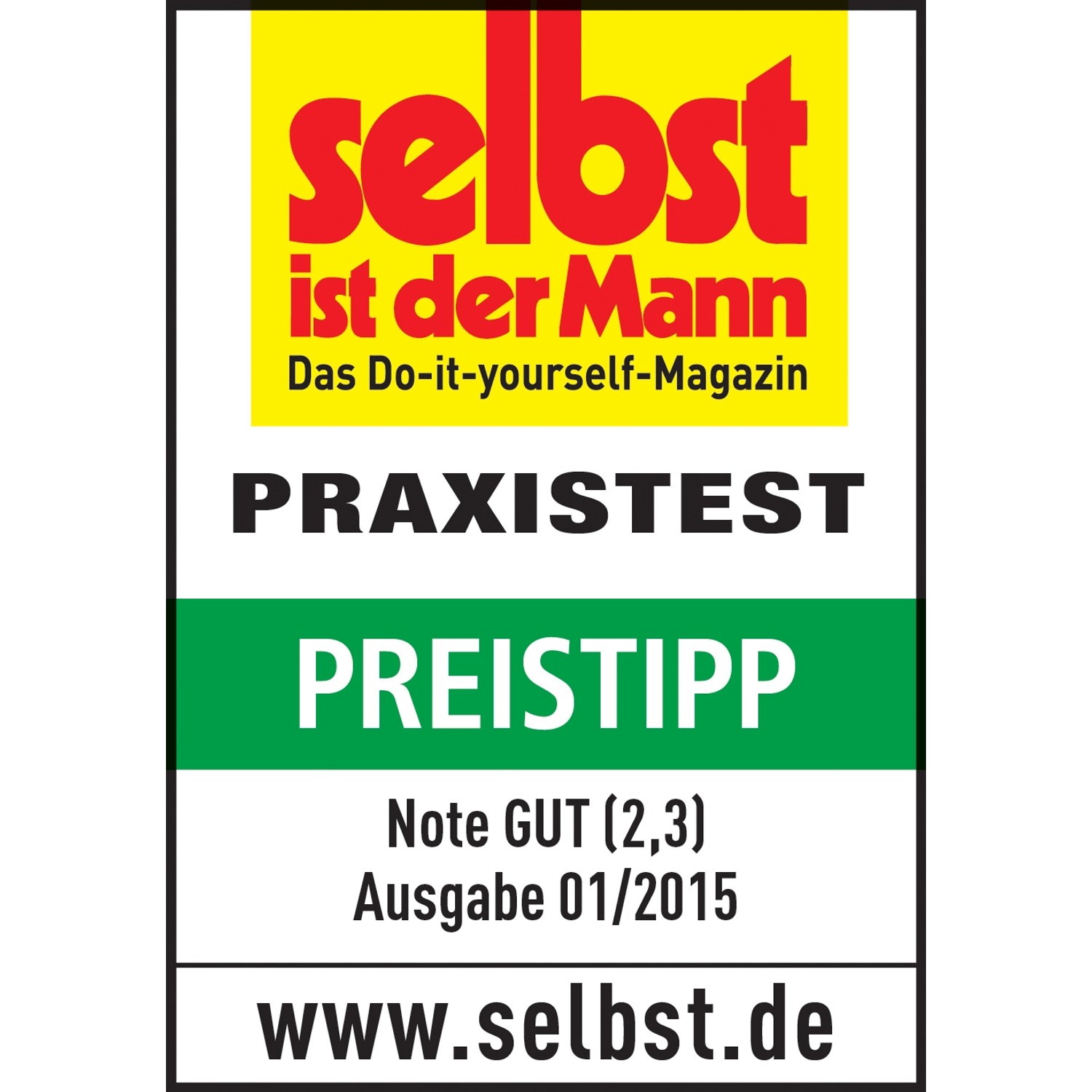 Siegel "selbst ist der Mann" für den CMI Holzspalter 4 t: Praxistest, Preistipp, Note GUT (2,3), Ausgabe 01/2015.