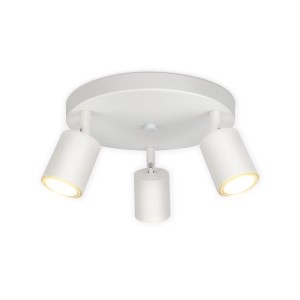 Weißer, runder ZMH LED Deckenstrahler mit 3 schwenkbaren GU10 Metall-Spots. Modernes Design für flexible Beleuchtung.