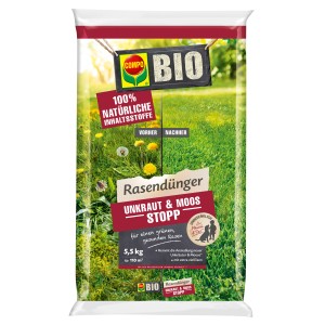 Sack Compo Bio-Rasendünger Unkraut & Moos Stopp 5,5kg für ca. 110m² Rasenfläche.