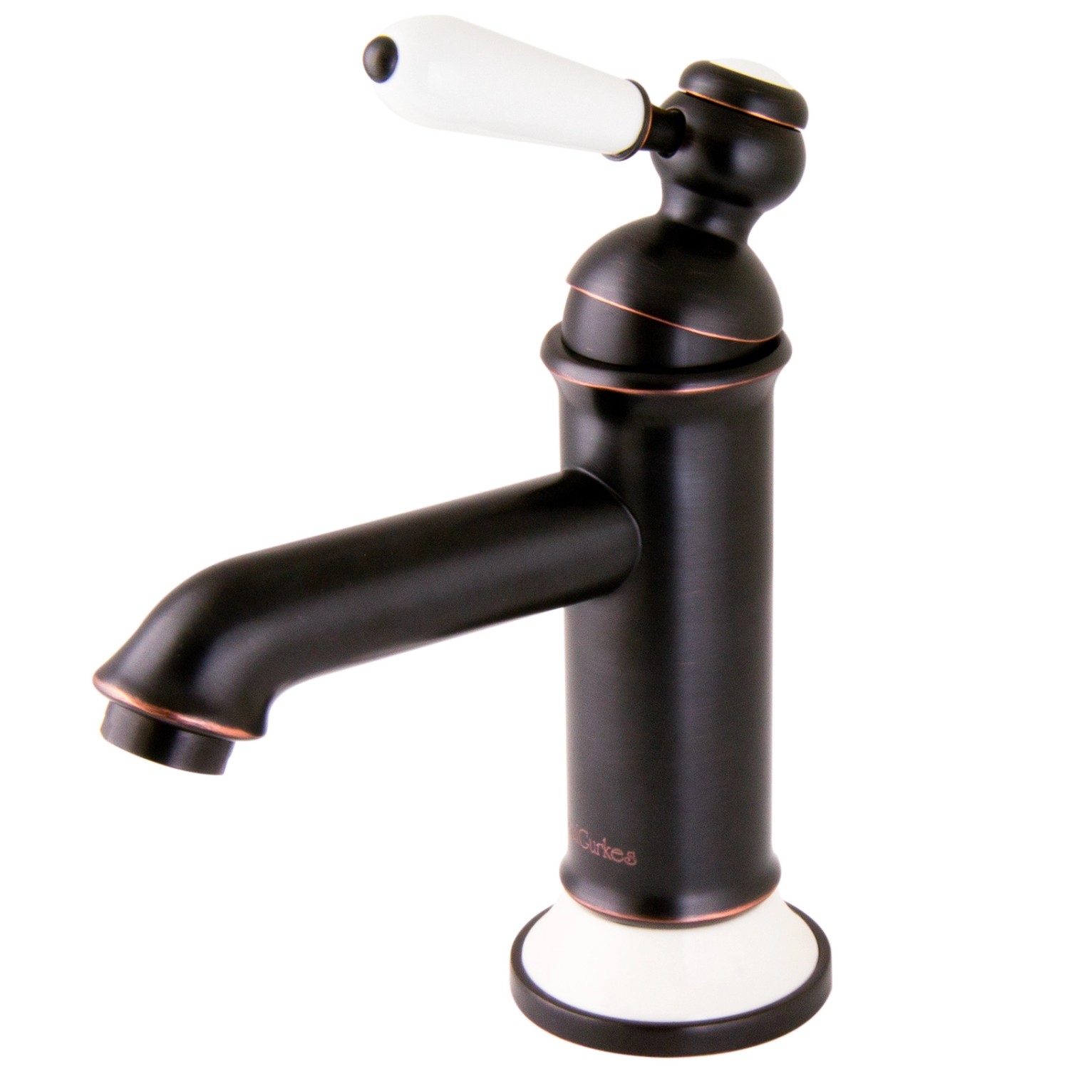 PaulGurkes Nostalgie Waschtischarmatur in Schwarz-Kupfer mit weißem Keramikgriff.