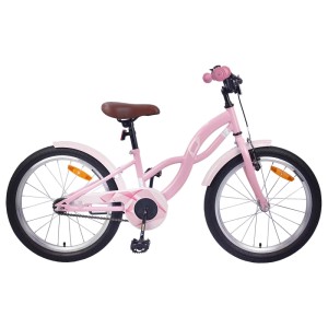 Hellrosa Kinderfahrrad, 20 Zoll, für Mädchen von 6-11 Jahren mit Schutzblechen und braunem Sattel.