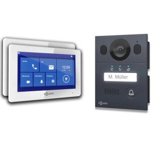 Goliath 2-Draht Video Türsprechanlage mit 2 Monitoren, Außenstation in Anthrazit und Unterputzdose.