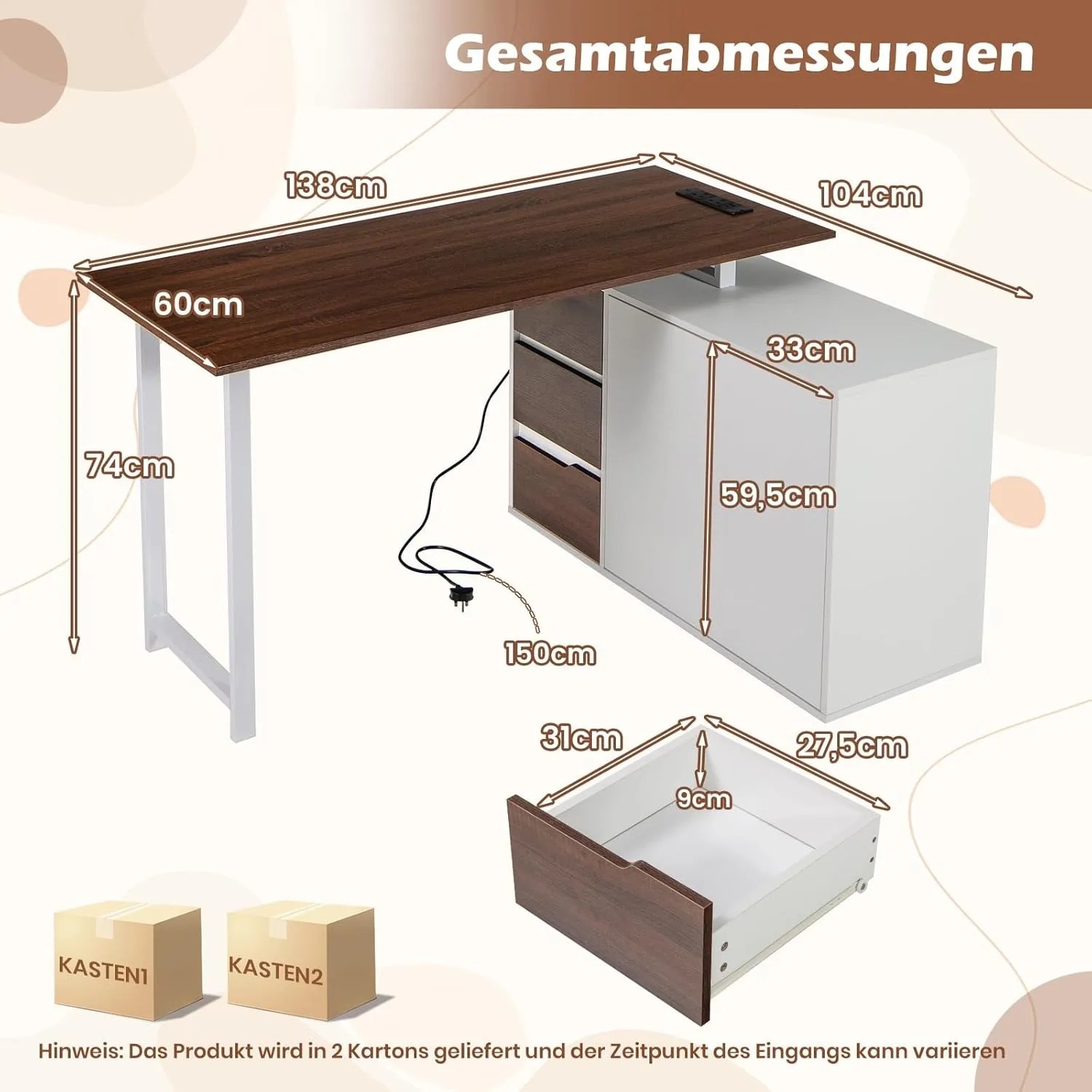 Costway L-förmiger Schreibtisch mit 3 Schubladen & 2 Türen Braun_3