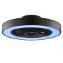 Schwarze LED-Deckenleuchte Catania mit Ventilator und blauer Lichtumrandung.