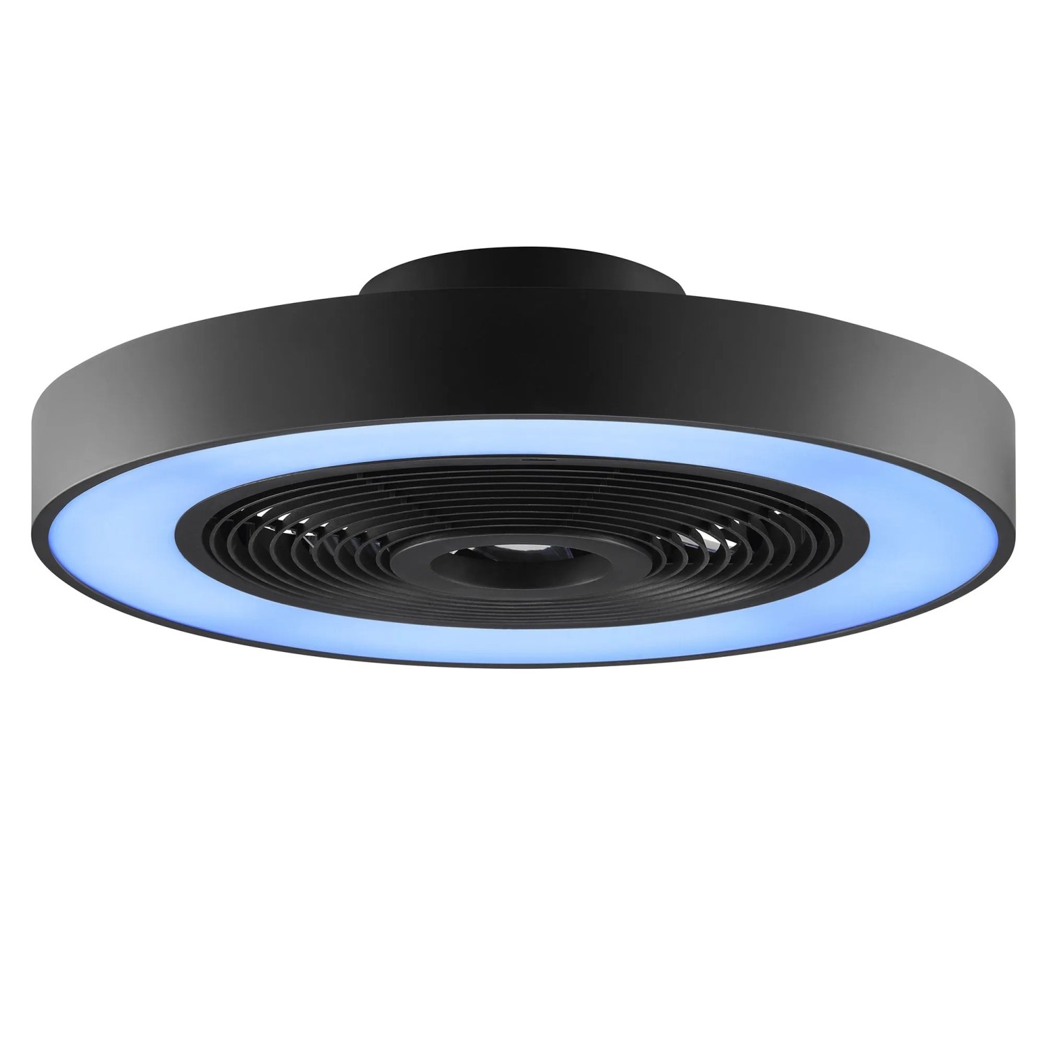 Schwarze LED-Deckenleuchte Catania mit Ventilator und blauer Lichtumrandung.