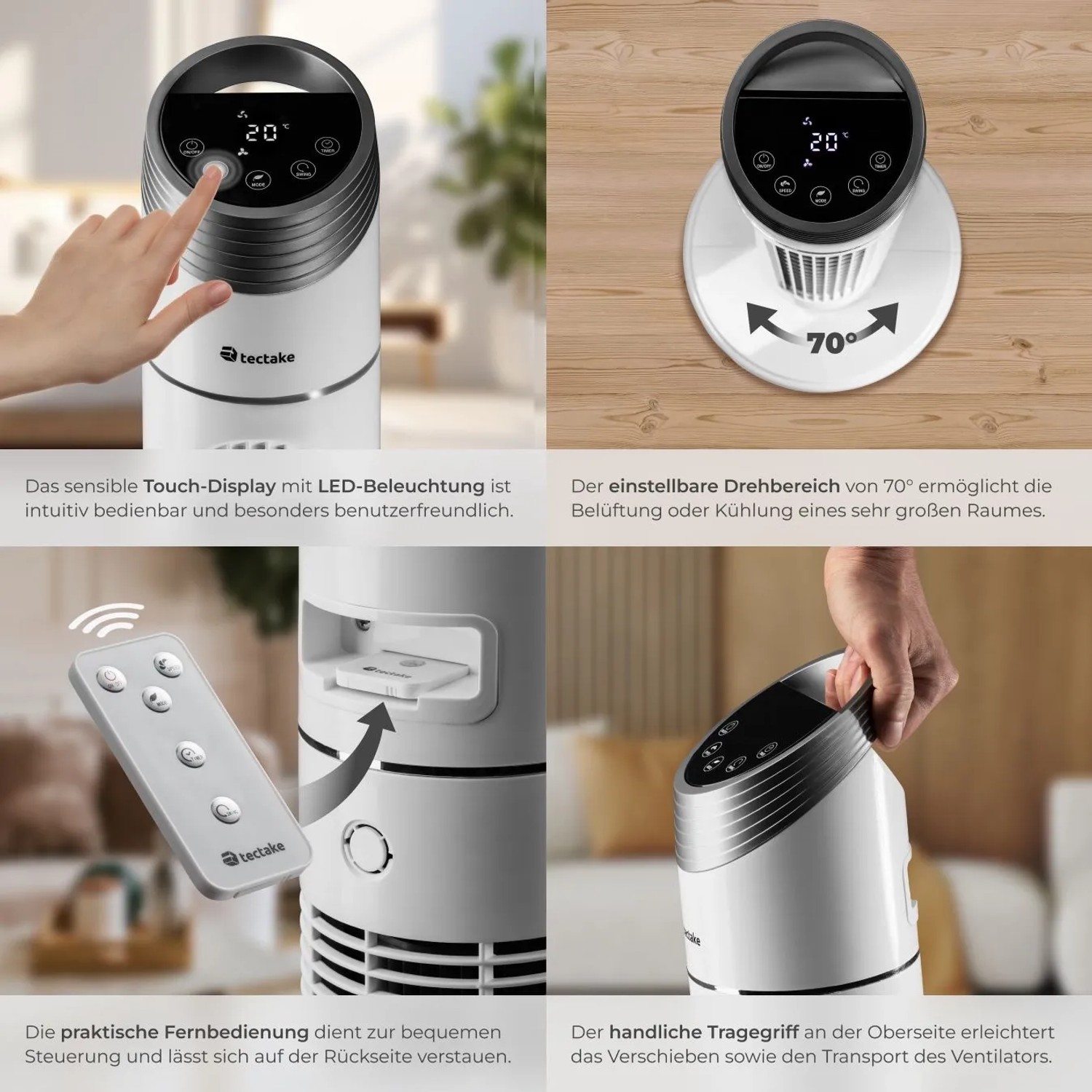 Weißer Tectake Turmventilator mit Touch-Bedienfeld, Fernbedienung und Oszillation.