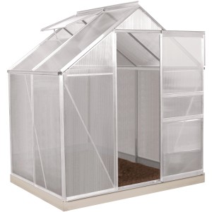 Vitavia Gewächshaus Planet 2500 mit HKP-Verglasung, Alurahmen und geöffneter Schiebetür.