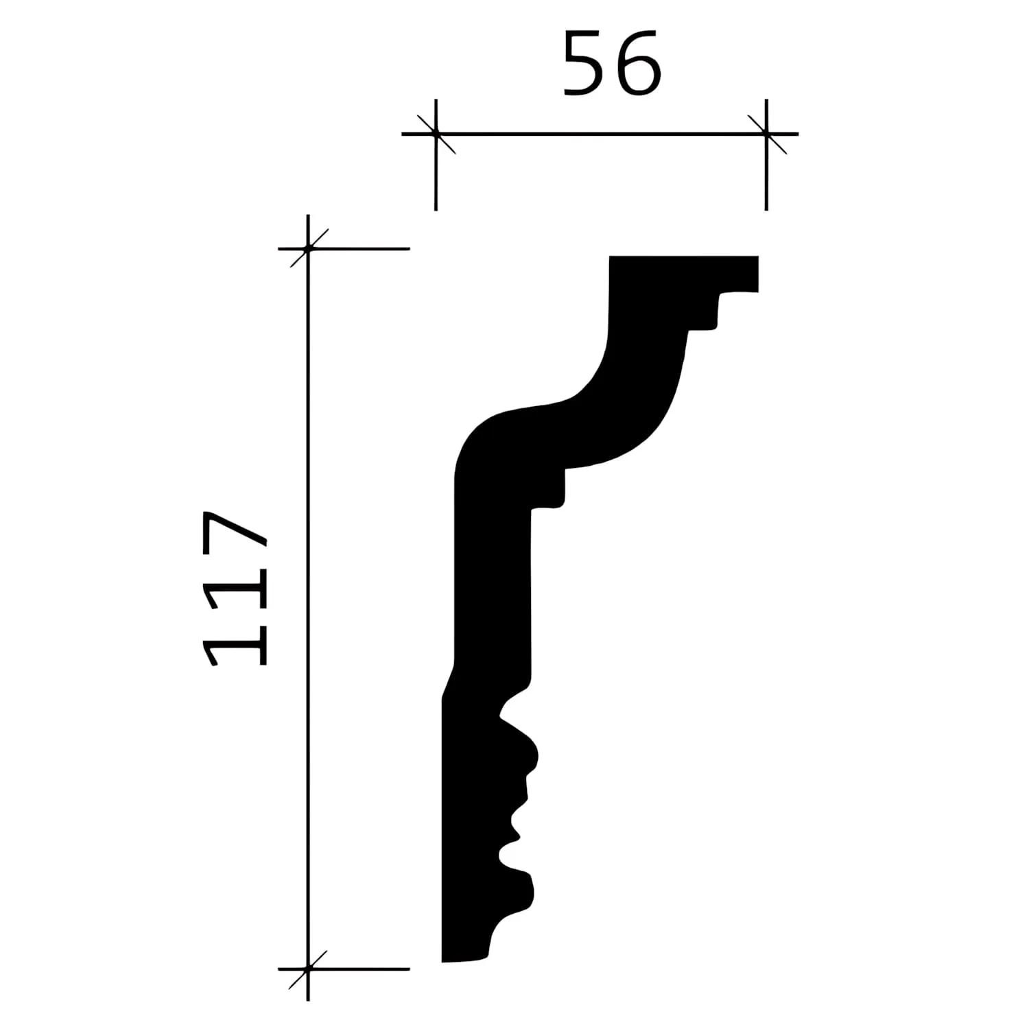 Detailaufnahme: Weiße PROFHOME Eckleiste (117x56mm) im Querschnitt mit Maßangaben.