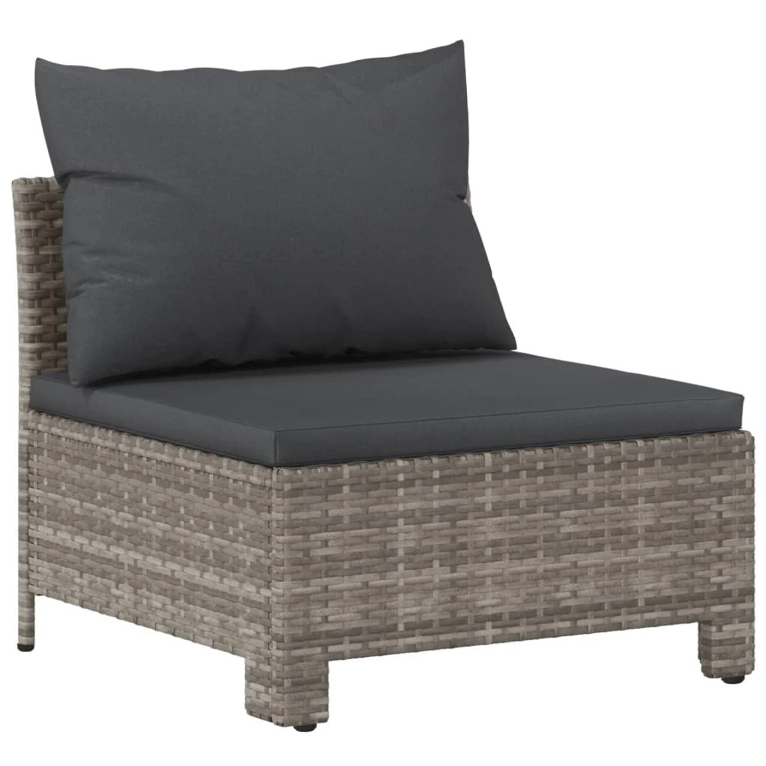 Graues vidaXL Garten Lounge Sofa aus Rattan mit dunklen Kissen, Teil eines Sets.