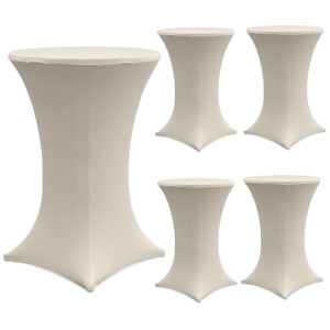 Fünf beige Stretch-Stehtischhussen für Ø 70cm Tische. Elastisches Polyestergewebe, ideal für Events und Dekoration.