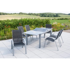 7-teiliges Gartenmöbel-Set Amalfi in Schwarz mit ausziehbarem Tisch (160/220x90 cm).