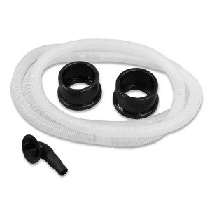 Pool Zubehör: Schlauch, zwei schwarze Muffen und ein Winkelstück für Pool Wärmepumpen.