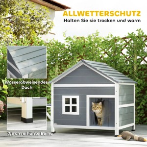 Graues PawHut Katzenhaus aus Tannenholz mit zwei Etagen und Fenster. Katze schaut aus dem Haus.