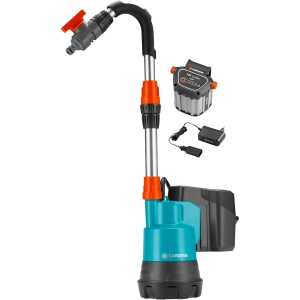 Gardena Regenfasspumpe 2000/2 Li-18 mit Akku und Ladegerät für flexible Gartenbewässerung.
