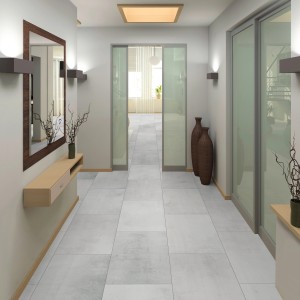 Heller Flur mit Classen Ceramin Fliesen Neo Vario Bianco in Steinoptik.