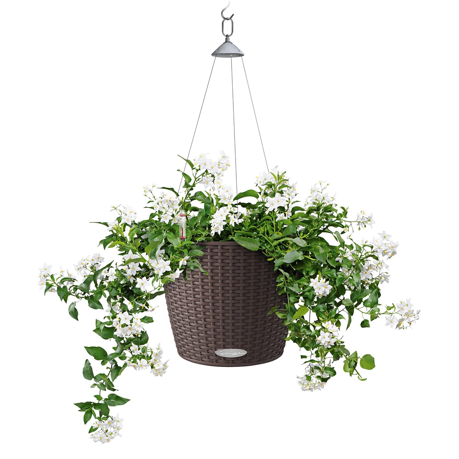 Lechuza Hängeampel Nido Cottage, Ø 27cm, Mokka, mit weißen Blüten und grünen Blättern.