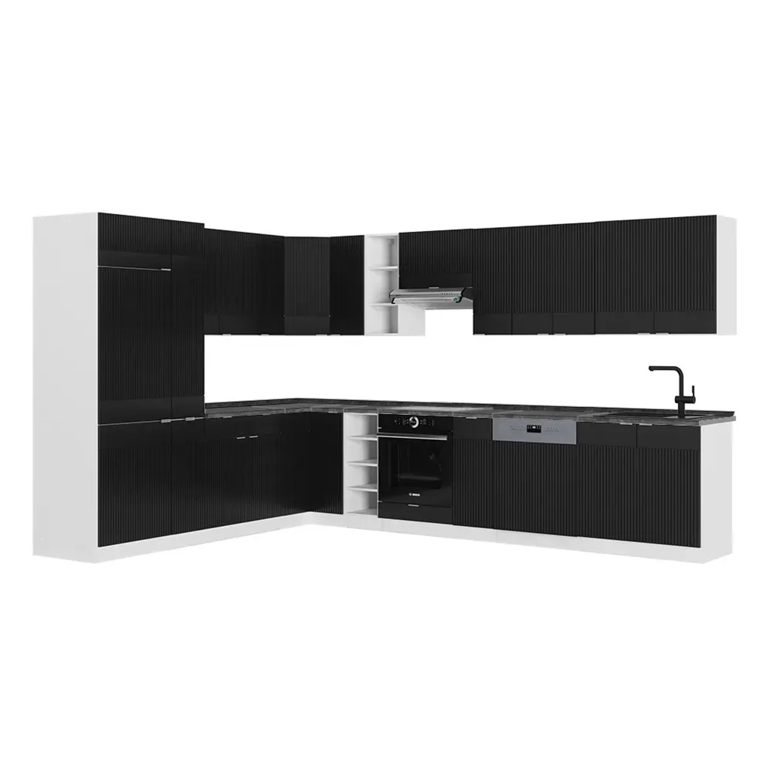 Vicco Fame-Line Eckküche Schwarz gestreift/Weiß 347 x 257 cm AP Anthrazit ohne E-Geräte