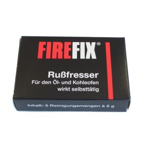Firefix Rußfresser für Öl- und Kohleöfen, 5 Reinigungsmengen in schwarzer Verpackung.