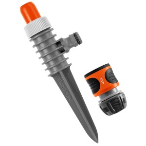 Gardena Sprühregner mit Erdspieß und Wasserstop für Gartenbewässerung.