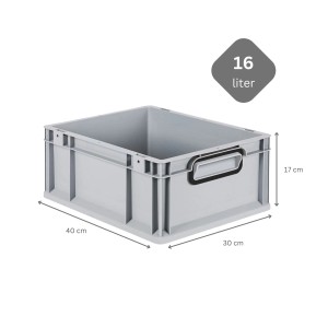 Graue PROREGAL Eurobox Nextgen, 16 Liter, mit schwarzen Griffen und Auflagedeckel. Aufbewahrungsbox.