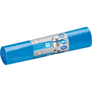 Gerollte, blaue 70L Abfallsäcke, 10 Stück, aus LDPE.