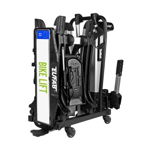 Zusammengeklappter Eufab Fahrradträger Bike Lift für die Anhängerkupplung, mit Rädern zum einfachen Transport.
