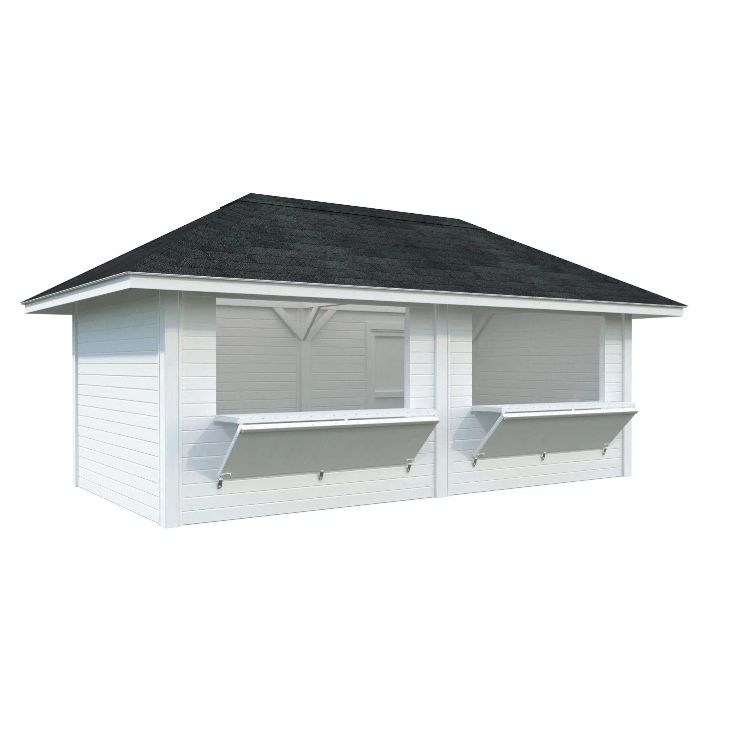 Palmako Marktstand Bianca Set, 588x300 cm, weiß lackiert, mit zwei Verkaufsklappen. Weekendhaus aus Fichtenholz.