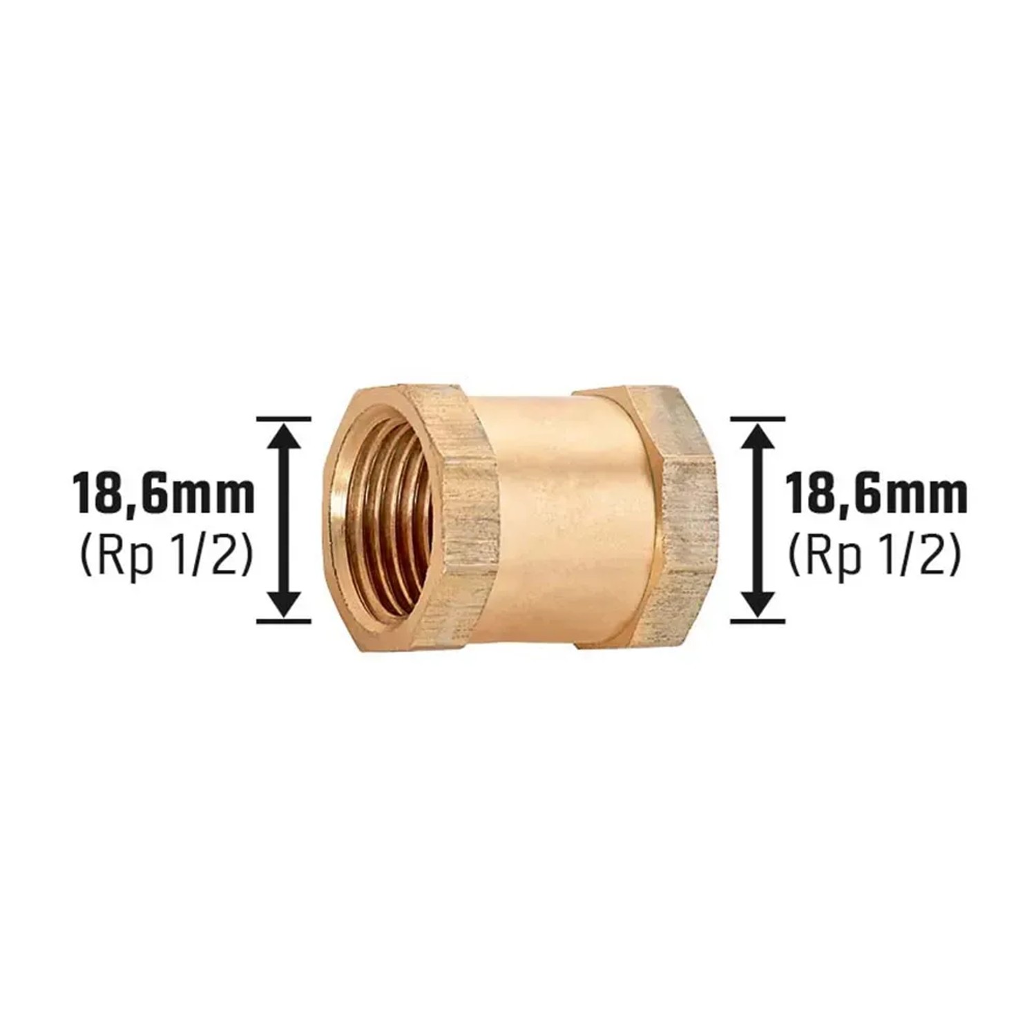 Gewinde-Muffe aus Rotguss, 18,6 mm (Rp 1/2), zur Verbindung von Rohren in Heizungs- und Trinkwasserinstallationen.