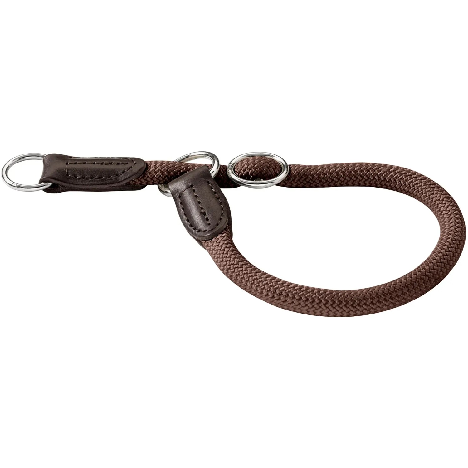 Braunes Hundehalsband aus Seil mit Lederdetails und Metallringen.