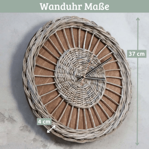 DELUKE Wanduhr Groß Holz RATTAN 37cm Ø Massivholz Geräuschlos Wohnzimmeruhr Holzoptik Küchenuhr Dekouhr