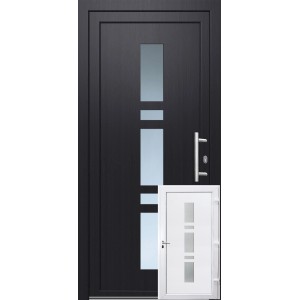 Anthrazit-weiße Kunststoff-Haustür (100x200cm) mit Glaseinsätzen und Edelstahlgriff.