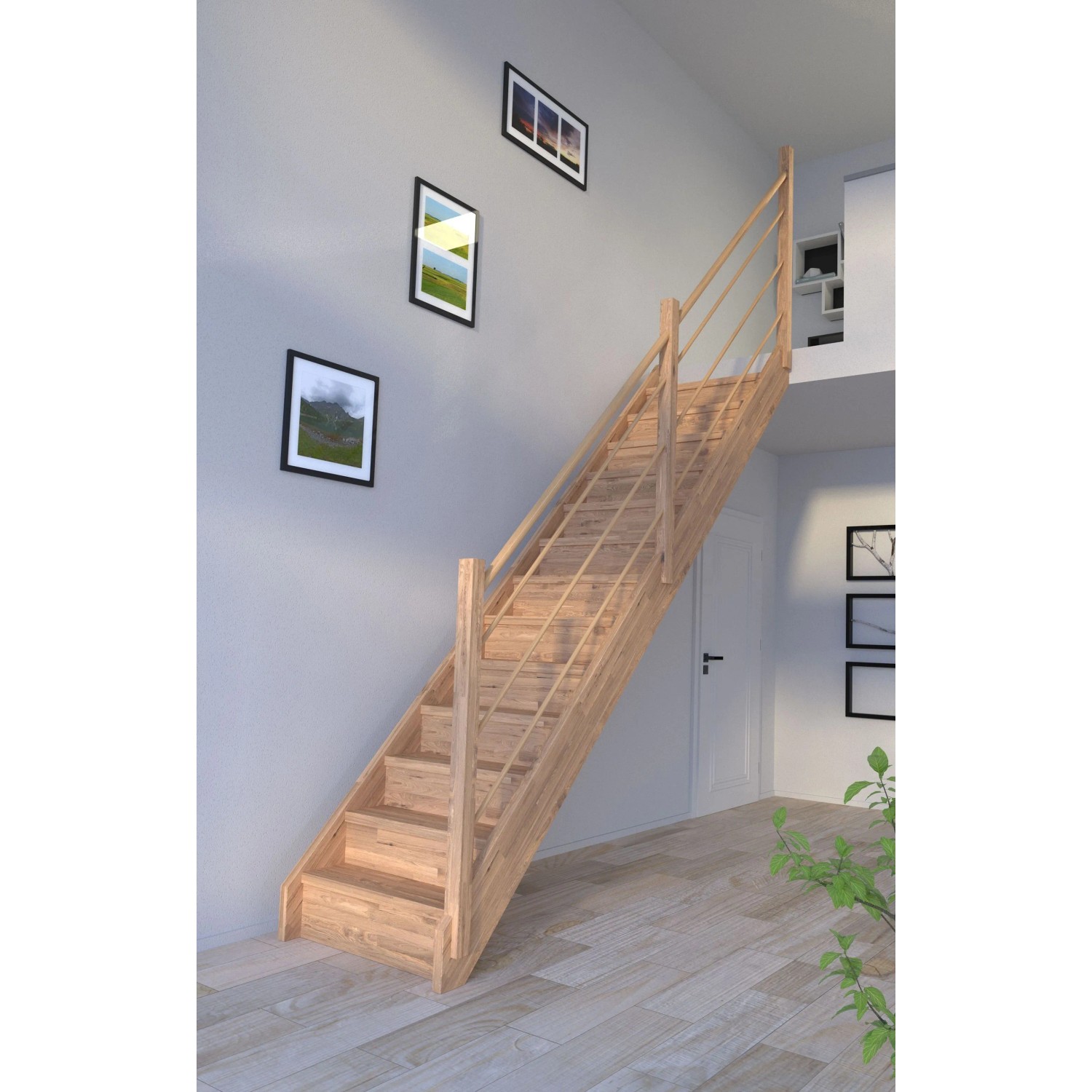 Gerade Holztreppe Mykonos Pro Eiche mit Setzstufen und Holz-Design-Geländer rechts.