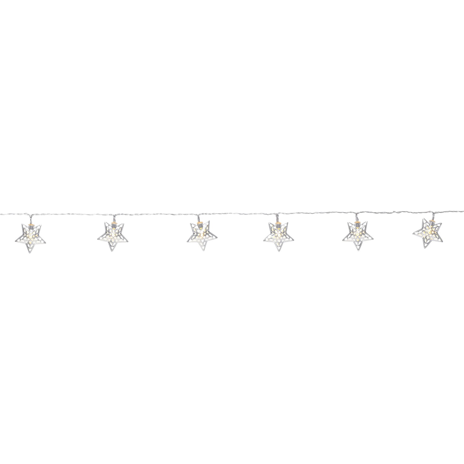 LED Lichterkette mit silbernen Metallsternen und warmweißen LEDs für den Innenbereich.