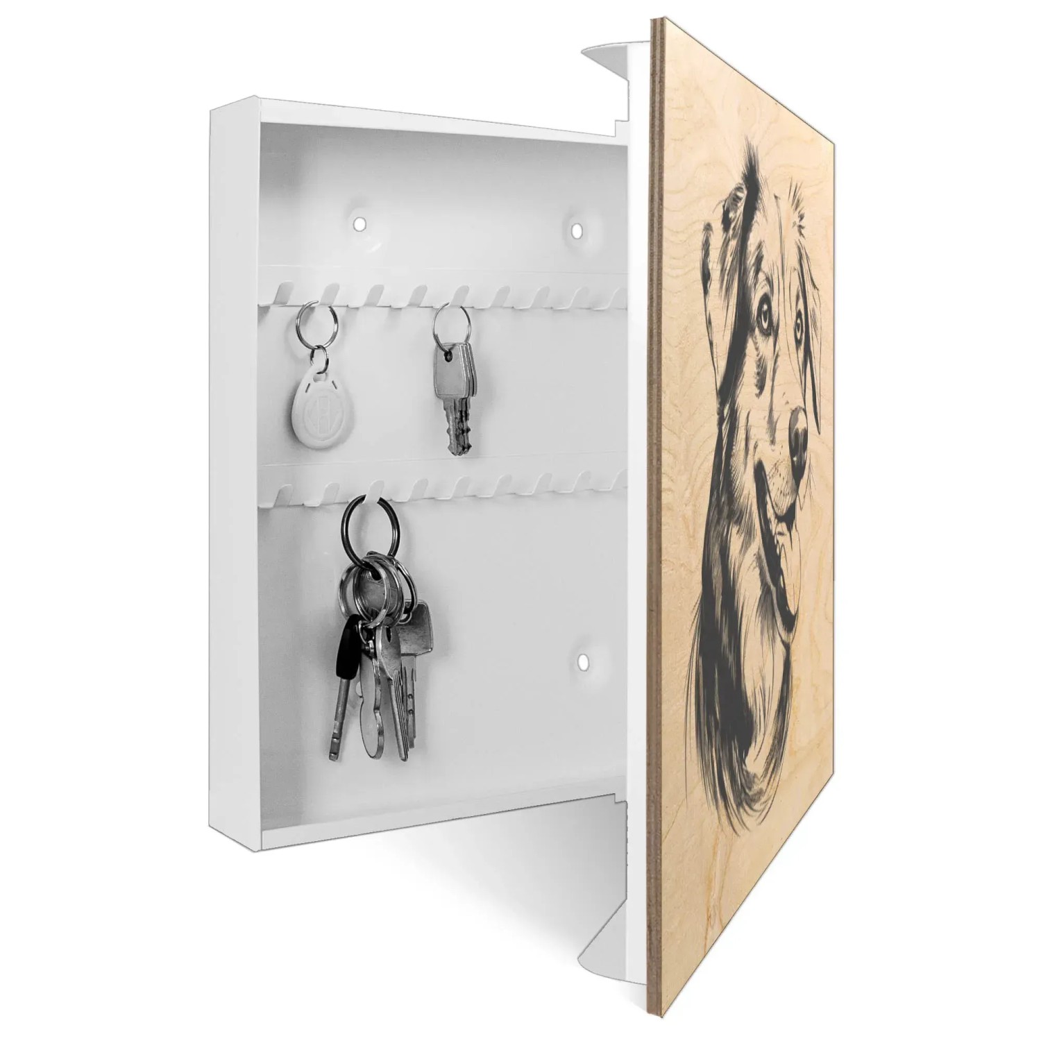 Weißer Banjado Schlüsselkasten mit Hunde-Motiv, Holzfront und 50 Haken. Schlüsselbox für die Wandmontage.