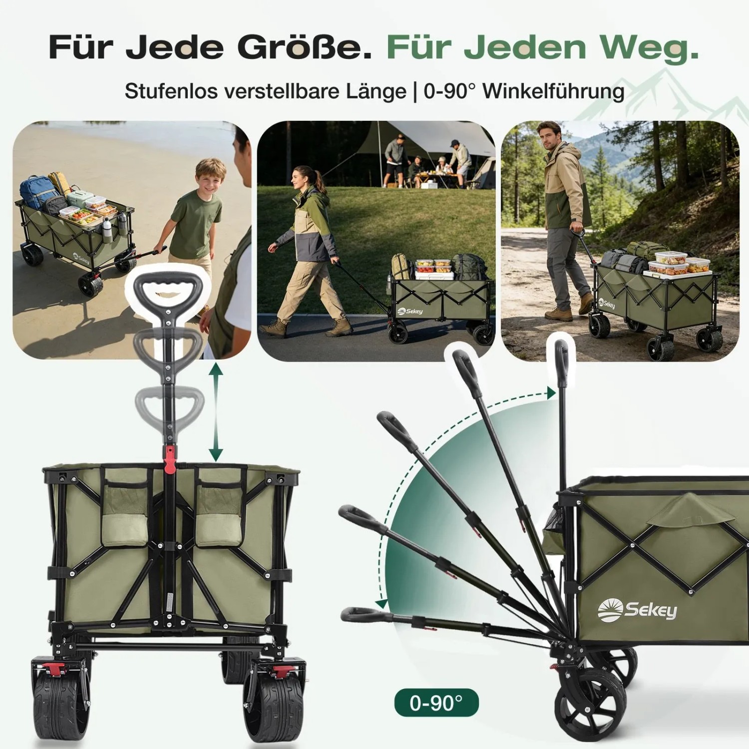 Sekey XXL Bollerwagen, faltbar, olivgrün, mit All-Terrain Rädern und verstellbarem Griff.