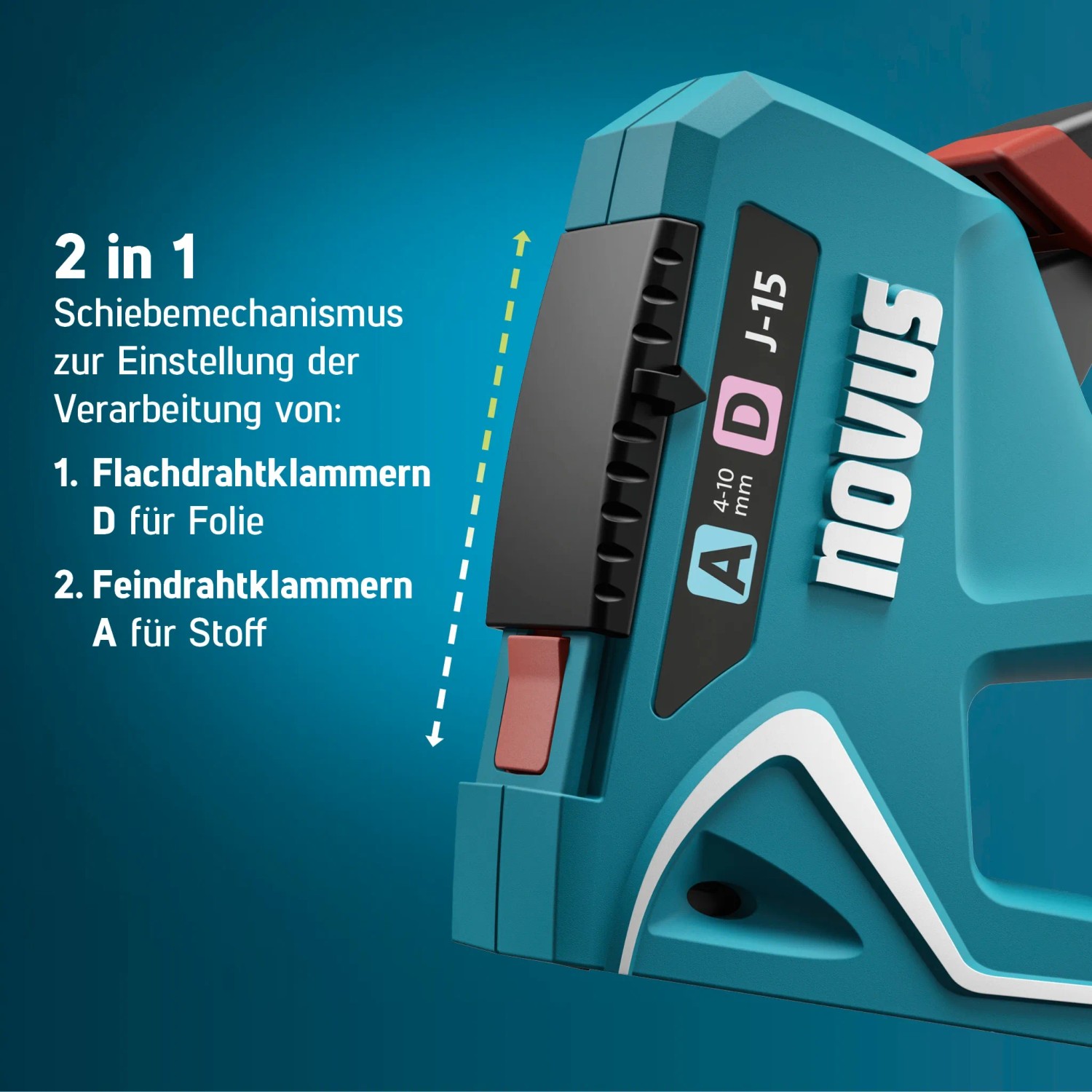 Novus Handtacker J-15: Detailaufnahme des Schiebemechanismus zur Auswahl von Flach- oder Feindrahtklammern.